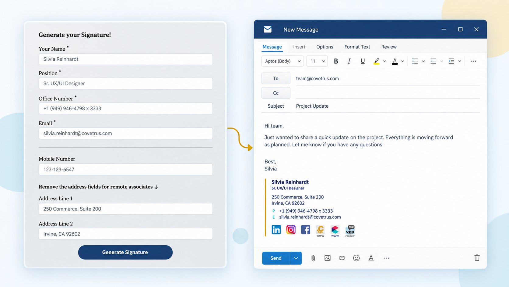 VCP email signature generator shown alongside a corporate email with the generated signature
